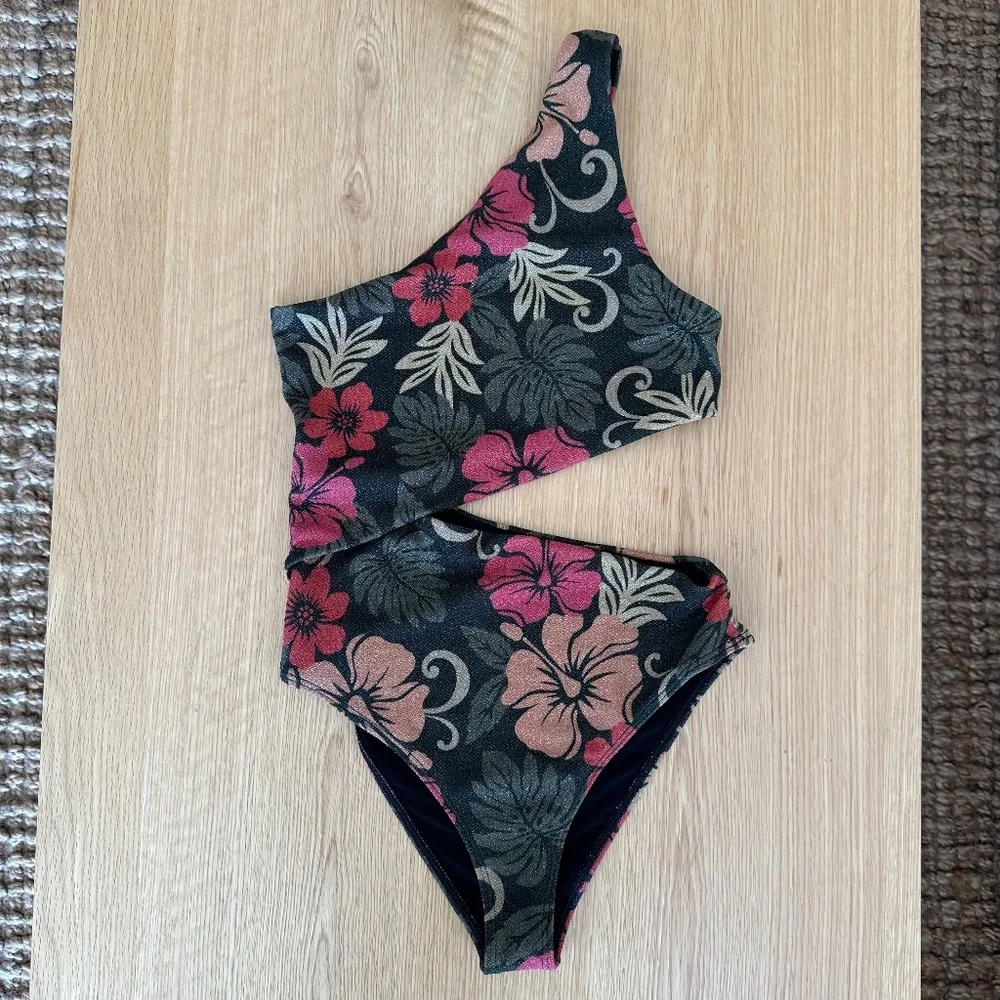 BEACH RIOT SHINE FABRIC BLACK GROUNDED FLORAL CUT OUT ONE PIECE - Picture 1 of 3